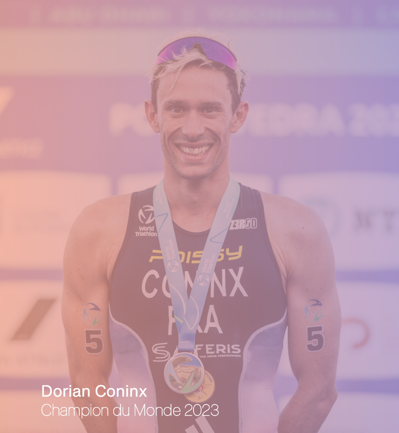 Fond dégradé du violet au rose laissant apercevoir la photo de Dorian Coninx et les inscriptions "Dorian Coninx, Champion du Monde 2023"